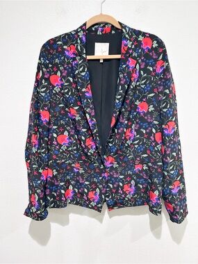 Joie Black Floral Single-Button Blazer with Pink & Blue Blooms 100% Silk
